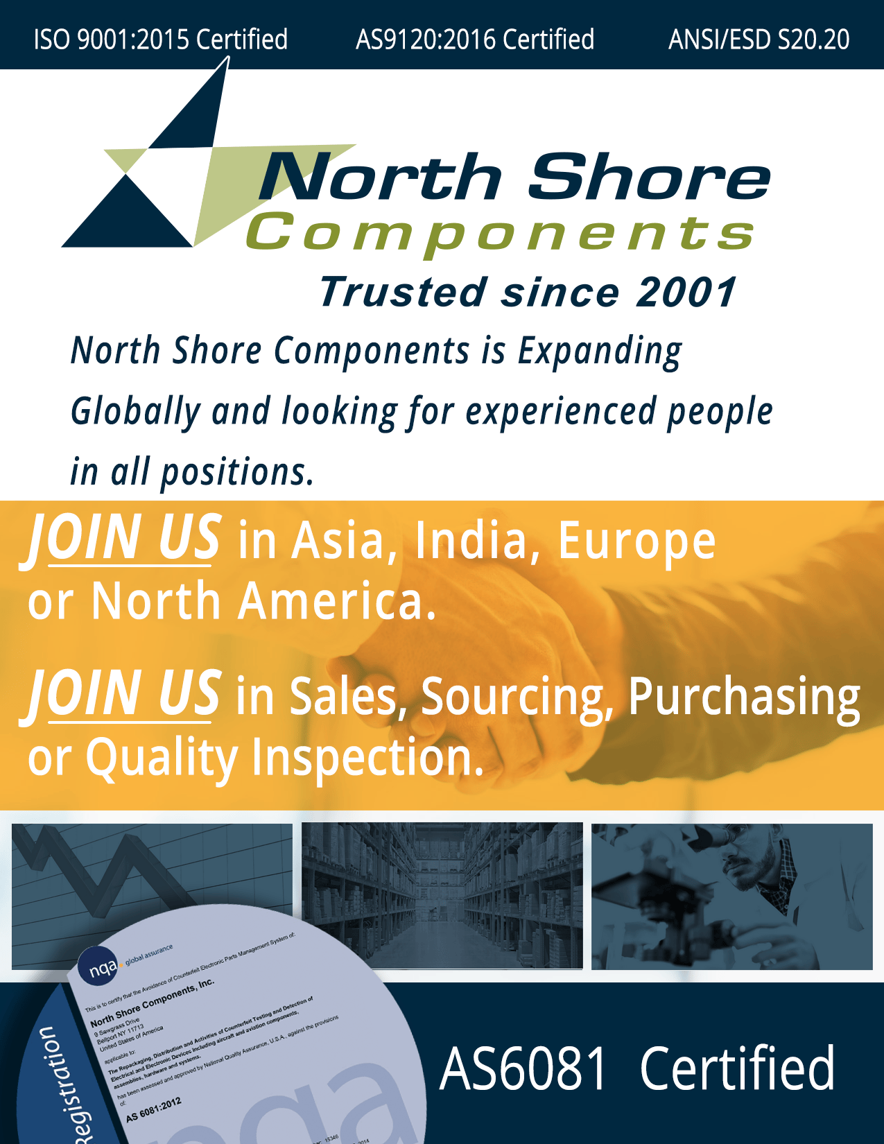 North Shore Components is Expanding  Globally and looking for experienced people  in all positions. JOIN US in Asia, India, Europe  or North America.  JOIN US in Sales, Sourcing, Purchasing or Quality Inspection.